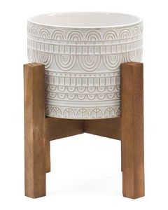 Minimalist White Metal Flower <b>Pot</b> with Wooden Stand for Indoor Desktop Use - Product Image 3