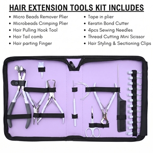 Kit d'outils pour extensions capillaires de salon en acier inoxydable : Pince à micro-perles, Pince à sertir, Pince à presser pour extensions adhésives, Coupe-extensions à la kératine, Coupe-trames - Product Image 2