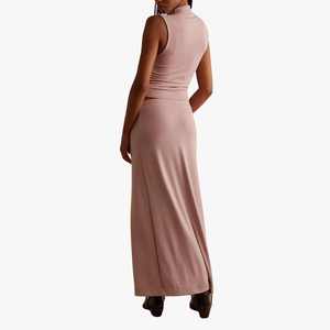 Women's Sleeveless Turtleneck Top With High Waist Midi <b>Skirt</b> Set Solid Color Knitted Spandex Modal Minimalist Style All Seasons - Product Image 2