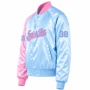 Chaqueta universitaria de satén en contraste rosa y azul claro para mujer de Jack And Jill Of America con botones a presión y cuello y puños de punto acanalado. - Product Image 4