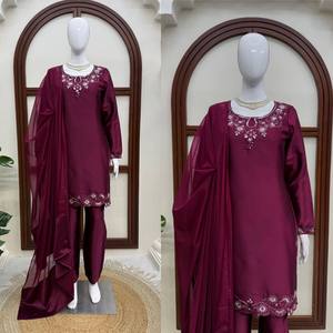 AARIKA TEXTILE Women's Royal American Roman Silk Thread Sequins Embroidered Top Plain Pant Tibby Silk Dupatta Quick Dry Ethnic - Product Image 3