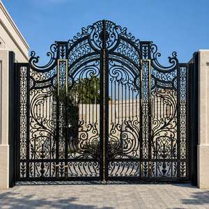 Puerta doble de hierro forjado negro de lujo con intrincados adornos en volutas, cresta arqueada con detalles dorados y elegante diseño de entrada residencial. - Product Image 2