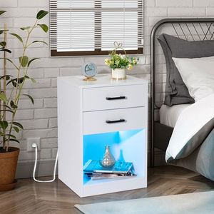 FCH White 40*35*60cm Nightstand with LED <b>Light</b> Particleboard Pasted Triamine Two Drawers and <b>Socket</b> Bedside Table - Product Image 1