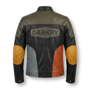 Mens Multi Colorblock Leather Biker Jacket Olive <b>Green</b> Rust Orange Grey Panel Elbow Patch Snap Collar <b>Motorbike</b> Apparel - Product Image 2