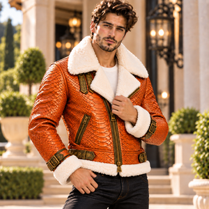 <b>Men</b>’s Beige Snake Embossed <b>Shearling</b> Leather <b>Jacket</b> Ανδρικό Δερμάτινο Μπουφάν Custom OEM Wholesale Supplier - Product Image 4
