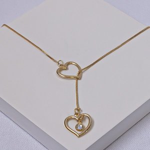 Collier Y tendance en argent sterling 925 plaqué or 18 carats et rhodium, avec double cœur ouvert et zircon cubique, fait main, produit en gros pour femme - Product Image 3