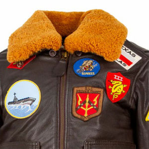 <b>Men's</b> <b>Leather</b> Bomber <b>Jacket</b> Patch Designs Stand Collar Zipper Closure Waterproof Sheep Trim Studded Design Winter Moto Style - Product Image 3