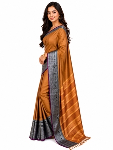 Sari de Seda Marrón con Borde Gris y Ribete Morado, Traje Tradicional de Boda para Mujer, Largo hasta el Suelo, Sin Arrugas, Corte Regular, Para Todas las Temporadas - Product Image 1