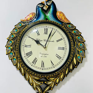 SwamiG TradeX Horloge murale décorative en bois artisanal avec motif paon, style Art Déco, mouvement à quartz, fabriquée en Inde - Product Image 1