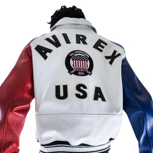 Men's Coated Stand <b>Genuine</b> Cow Leather Avirex USA Limited Edition Color Block Varsity Jacket | Retro 90s Hip-Hop Bomber - Product Image 2