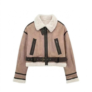 Turn Down Collar Women Cropped Faux Shearling <b>Sherpa</b> <b>Lined</b> Biker <b>Jacket</b> OEM ODM Custom Winter Casual Wool <b>Lined</b> Suede Outerwear - Product Image 1