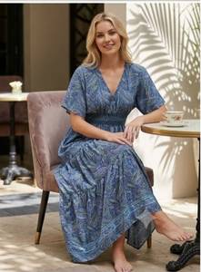 Robe longue bohème col en V manches courtes imprimé cachemire taille élastique coupe trapèze ample décontractée été vintage respirante 100% soie - Product Image 1