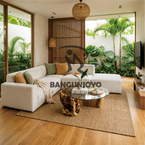 Modern Handmade <b>Wood</b> Coffee <b>Table</b> with Tempered Glass Top, Tropical Living Room Furniture, Natural Finish, <b>Solid</b> <b>Wood</b> Base - Product Image 1