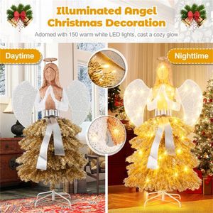 Albero di Natale a forma di angelo personalizzabile da 1,57 m preilluminato con 150 LED bianco caldo, design oro/bianco, figura d'angelo e foglie scintillanti - Product Image 2