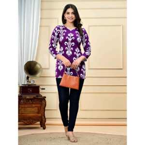 Blusa Kurti de Popelina 100% Algodón Ecológico con Estampado Abstracto Morado, Cuello en V, Estilo Vintage Casual para Mujer - Product Image 5