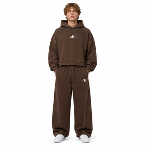 Ensembles de sweats à capuche courts et amples personnalisés, à épaules tombantes, avec coutures apparentes, et de joggers à jambes larges en coton épais, fabrication OEM - Product Image 1