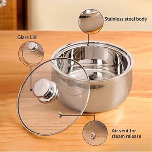 Stainless <b>Steel</b> Round Casserole <b>Pot</b> With Glass Lid Durable Polished Exterior Hand Wash Only For Gas And Induction Cookers - Product Image 2