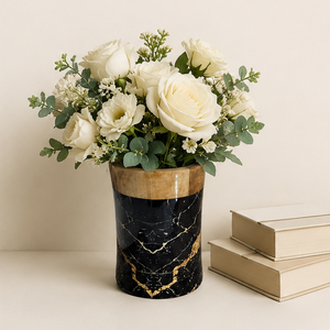 Jarrón de flores de lujo de mármol negro y madera maciza con incrustaciones doradas, centro de mesa decorativo moderno para el hogar y hoteles. - Product Image 5