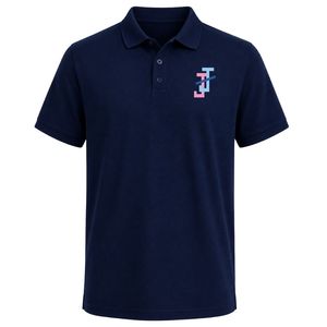 Navy Blue Collared Polo <b>T</b> <b>Shirt</b> Featuring JJ Letter Embroidery on Chest Only Plain Back Short Sleeve Classic Button Front Casual - Product Image 1