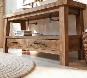 Meuble de salle de bain en bois avec double vasque, tiroirs de rangement et étagère inférieure pour intérieurs de luxe - Product Image 3