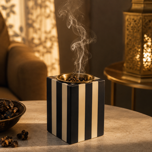 Brûleur d'encens de luxe en résine à motif rayé avec incrustation d'os et coupelle en laiton, pour Bakhoor islamique, décoration arabe pour Ramadan et l'Aïd, cadeau - Product Image 1