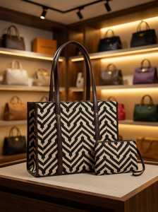 Women Canvas Tote Bag Set Hand-painted Cotton Chains Reusable Jacquard Pattern Zipper Shoulder Crossbody Pouch Wallet Travel - Product Image 3
