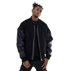 Blouson bomber noir pour homme, manches en cuir, fermeture éclair, style streetwear, vêtement d'automne, coupe classique, couleur unie, col rabattu - Product Image 1