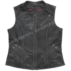 Gilet en cuir de vachette noir pour femme, style motard, avec col à revers, fermeture éclair oblique, cordon de serrage à la taille et doublure intérieure en satin imprimé bandana - Product Image 1