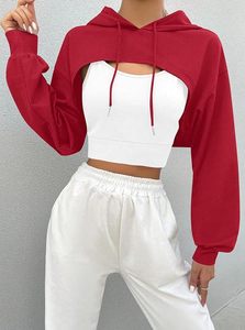 Sudadera con capucha corta de color sólido, manga larga, informal, para otoño, para mujer - Product Image 4