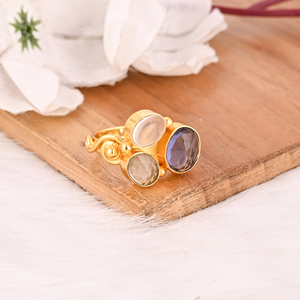 Tanzanite Hydro, Green Amethyst Hydro and <b>Crystal</b> Gemstone Brass <b>Ring</b> Handmade Fashion Jewelry for women - Product Image 4