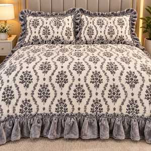 Luxury Winter Bedsheet Set <b>King</b> <b>Size</b> with 2 <b>Pillow</b> Covers Soft Plush Fleece Floral Printed Bedding Ruffled Frill Border Warm - Product Image 6