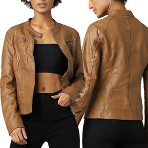 Veste en cuir pour femme, coupe décontractée, style bomber, marron chocolat, fermeture éclair vintage, streetwear, vêtements d'extérieur décontractés - Product Image 6