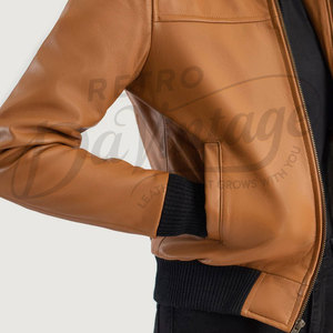 Women Tan Real <b>Leather</b> Hooded Bomber <b>Jacket</b> Black Ribbed Trim Slim Fit Premium Sheepskin Casual Winter Outerwear Fashionable - Product Image 5
