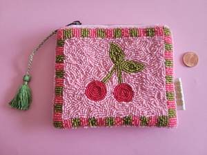 Handmade Square Pink Beaded Cherry <b>Purse</b> With <b>Green</b> Tassel Zipper Craft Gift - Product Image 4