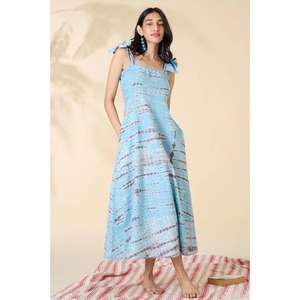 เดรสยาวพิมพ์ลายอิคัตสีน้ำเงินสำหรับผู้หญิง สายผูกแบบไม่มีแขน สไตล์ลำลองสำหรับฤดูร้อน ขายส่ง - Product Image 1
