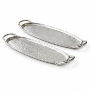Signature Silver Aluminum Oblong Serving <b>Tray</b> Pair Hammered Finish Loop Handles Raised Rim | Refined Dining <b>Buffet</b> Presentations - Product Image 1