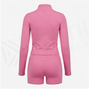 Pink 2 Piece Yoga Set Full Sleeve <b>Zipper</b> Front Crop <b>Top</b> High Waist Shorts Solid Color Breathable Sportswear Women's Activewear - Product Image 2