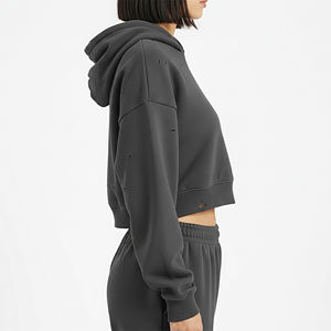 Sudadera con Capucha Corta para Mujer con Logotipo Personalizado, Color Sólido, Manga Larga, Tejido de Algodón, Estilo Casual para Otoño con Decoración de Agujeros - Product Image 3