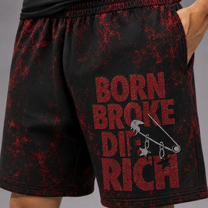 Shorts pour hommes en tissu tricoté respirant, style streetwear, à taille élastique, imprimé tie-dye rouge et noir « Born Broke Die Rich » - Product Image 6