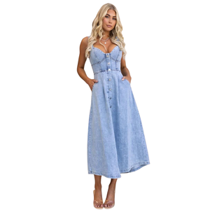 Ladies Casual Sleeveless Denim Dress with Button Closure Wholesale Clothing Manufacturer - Product Image 3