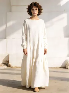 เดรสยาวสีส้มสนิมสำหรับผู้หญิง ผ้าฝ้ายลินินทรงหลวม แขนยาว แต่งระบาย สไตล์โบฮีเมียนลำลองสำหรับฤดูร้อน - Product Image 3