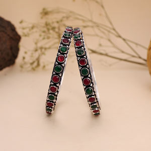 Bracelets ethniques en laiton oxydé plaqué argent antique avec sertissage clos et pierres artificielles rouges et vertes pour femme, cadeau de fiançailles - Product Image 5