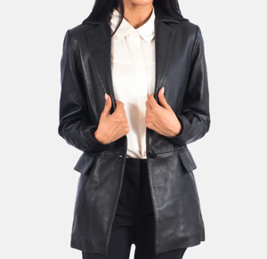 Veste en cuir véritable noire pour femme, à double boutonnage, coupe ajustée, col rabattu, tenue formelle d'automne - Product Image 1