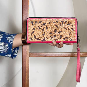 Western Hand Tooled Genuine Leather <b>Women</b> Wristlet Clutches New Multi Flower Pattern <b>Purse</b> Everyday Evening <b>Card</b> Holder Wallet - Product Image 2