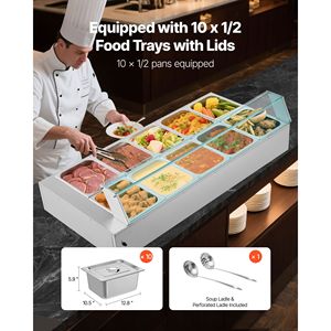 Scaldavivande Elettrico Commerciale 1700W in Acciaio Inox con 10 Vasche, Buffet da Banco con Coperchio in Vetro, Attrezzatura per Mantenere il Cibo Caldo - Product Image 3