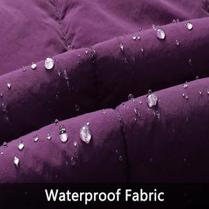 Abrigo Largo Acolchado de Invierno para Mujer con Capucha de Piel, Cierre de Botones, Morado, Grueso, Cálido, Manga Larga, Color Sólido - Product Image 5