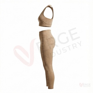 Conjunto de Yoga sin Costuras para Mujer, 2 Piezas, Top Corto con Espalda Cruzada, Leggings Largos de Cintura Alta, Color Beige Sólido, Ropa Deportiva - Product Image 3
