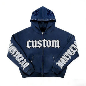 Custom Heavyweight French Terry Cropped Zipper Hoodie Oversized Color Block <b>Sweatshirt</b> with DTG Print Embroidery Hooded For Men - Product Image 3