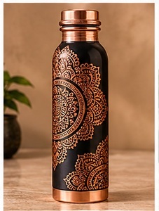 Teal Copper <b>Water</b> <b>Bottle</b> with Gold Lotus Flower Pattern Portable <b>Metal</b> Flask with Lid for Home - Product Image 5
