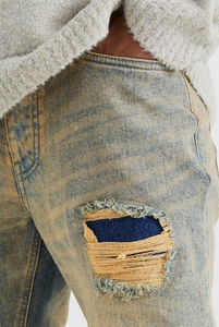 New Antique Wash Slim Flare Rigid PU Biker Rip and Repair Denim <b>Jeans</b> for Men Stylish Stacked Black Distressed Denim <b>Jeans</b> - Product Image 5